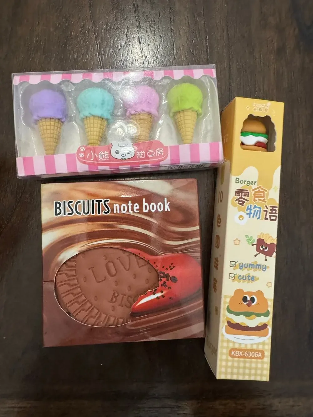 Scented Biscuit themed set with ice cream cone eraser and multicolor burger pen
